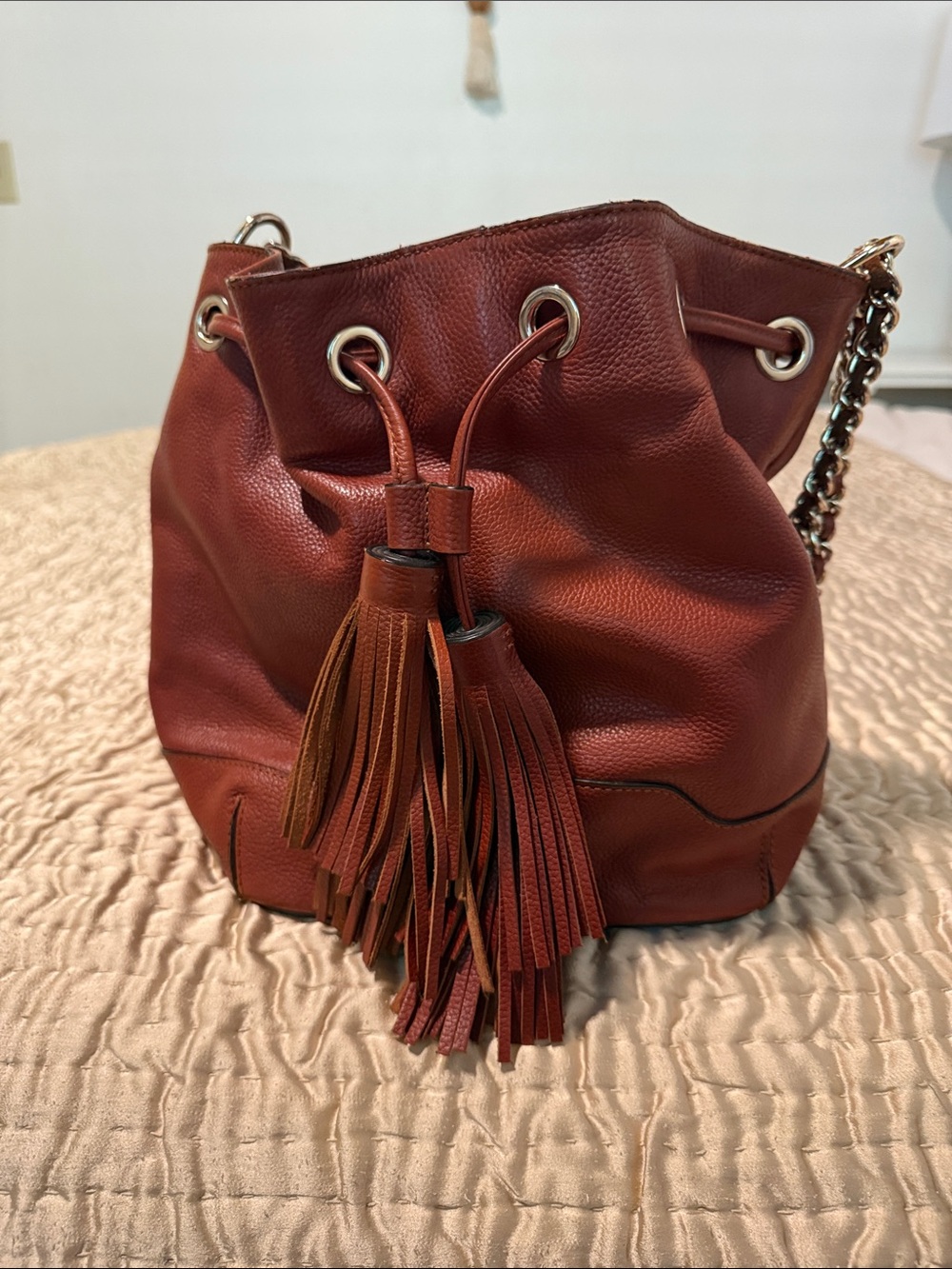 REBECCA MINKOFF Women's Tassel Drawstring Bucket Bag - Deep Red